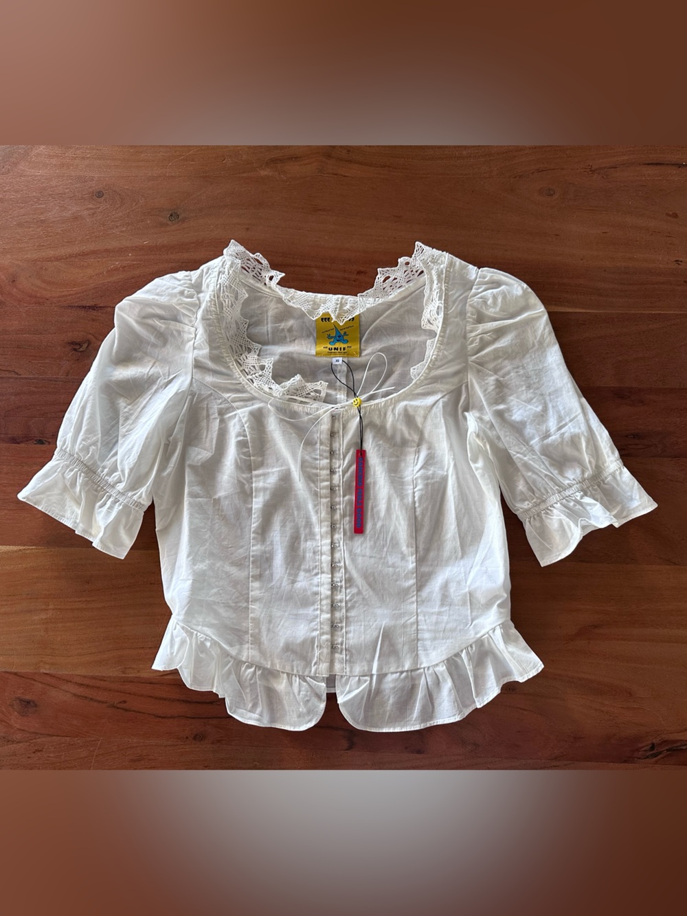 NWT Unif May Top Women’s White Lace-Trim Peplum Corset Blouse XS Sold Out